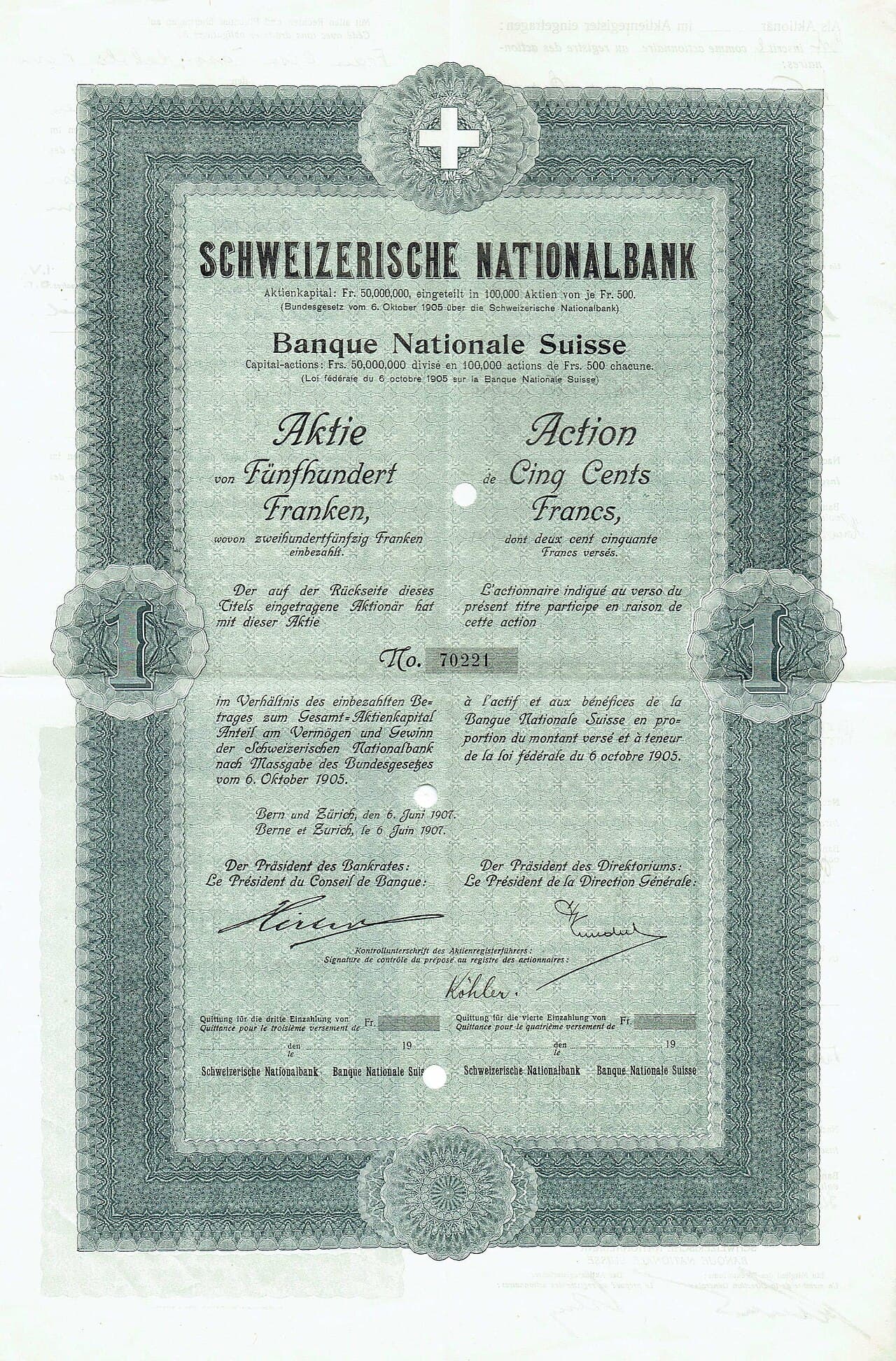 Certificat historique de la Banque nationale suisse
