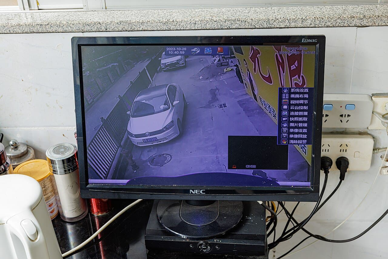 Écran de vidéosurveillance affichant une rue