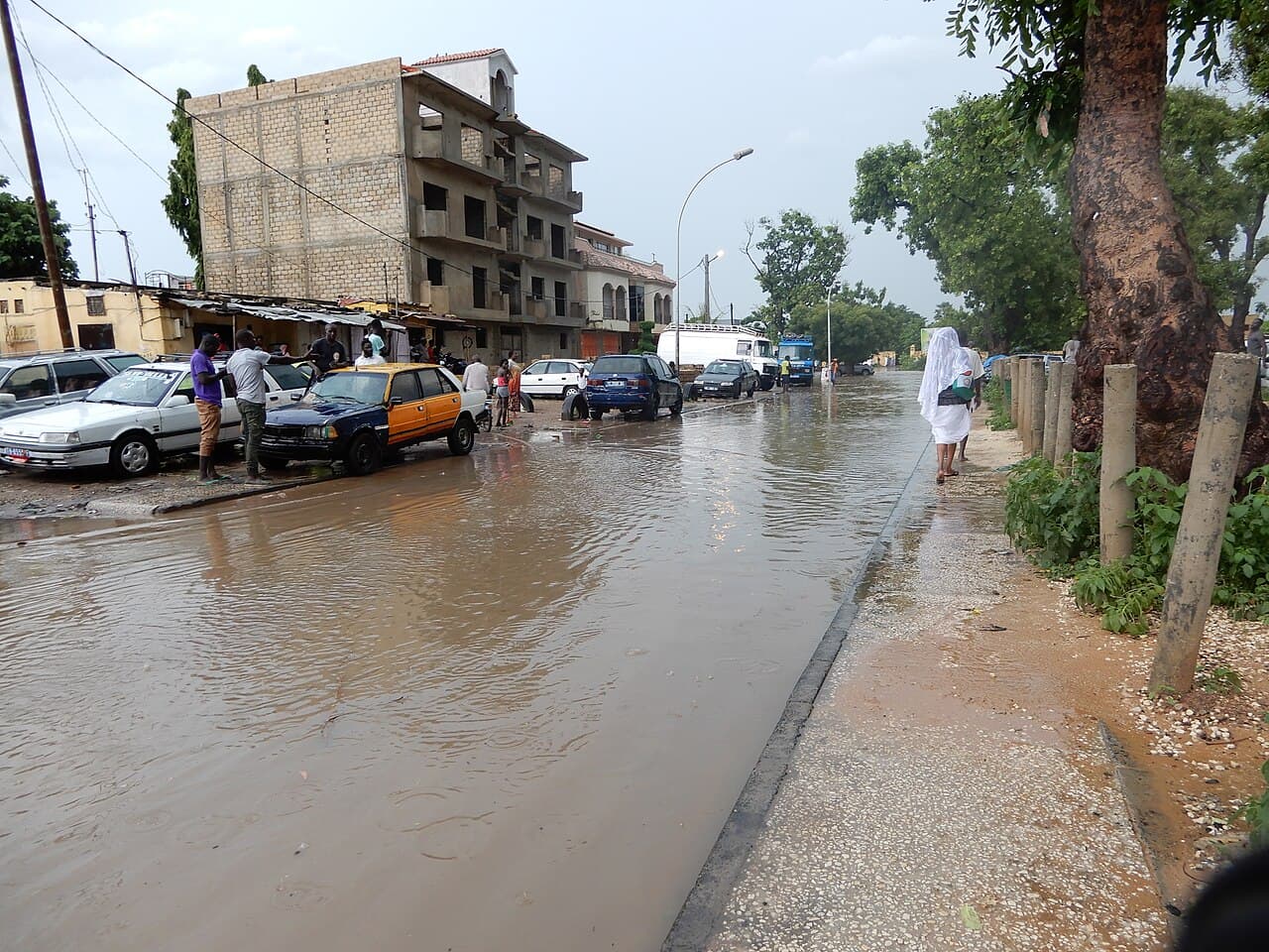 Route inondée avec des véhicules